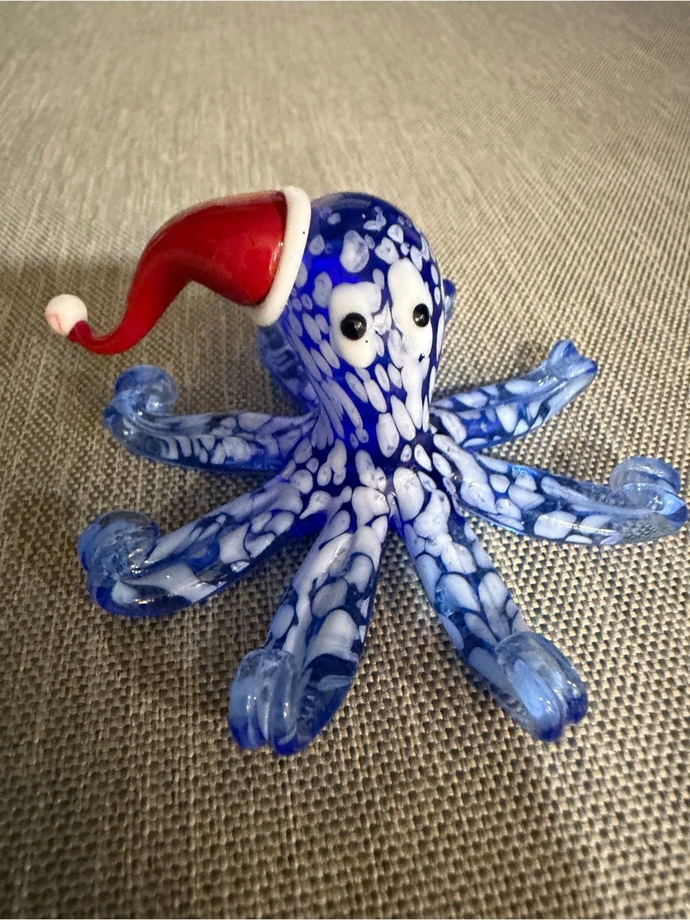 Pier 1 Blue and White Glass Octopus with Red Santa Hat
